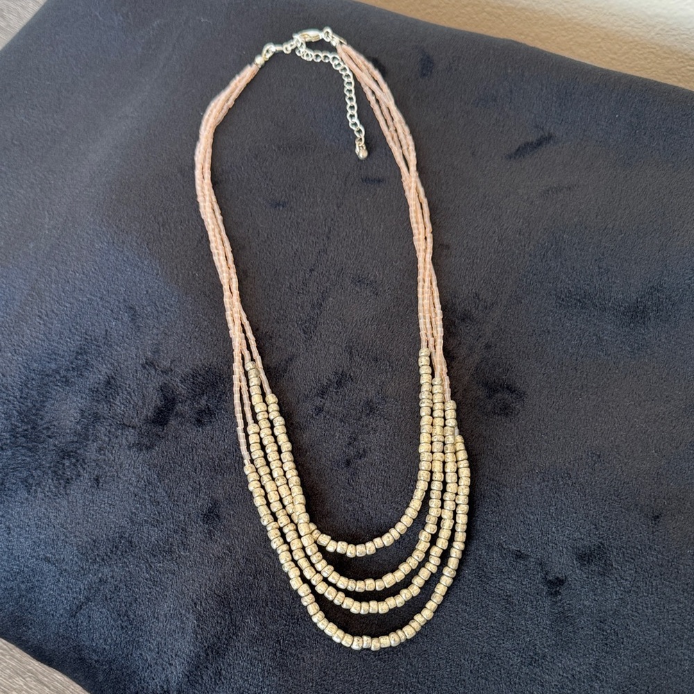 Multi-Strand Light Pink and Pewter tone Beaded Necklace - Women Jewelry